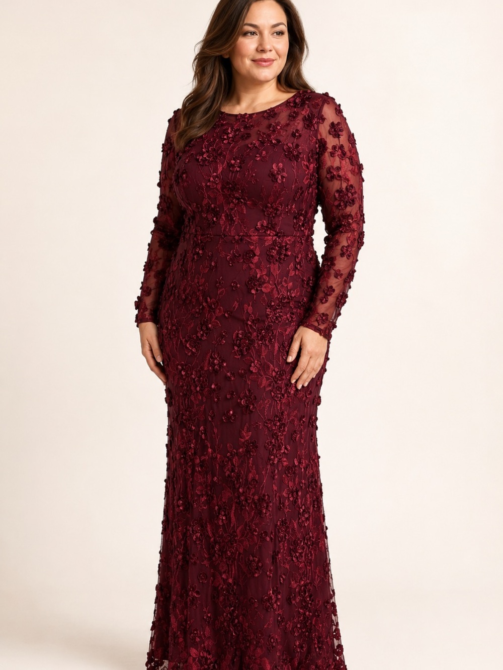 Xscape Garnet 3D Floral Long Sleeve Gown 14
